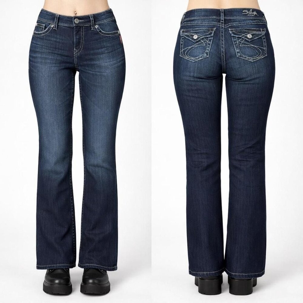 Y2K Silver Jeans Bootcut Low Rise Suki Surplus Contrast Stitch W28 L32 Grunge